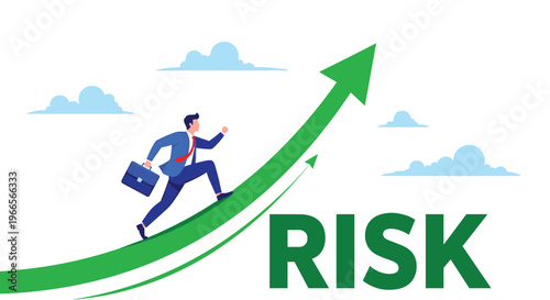 Determined businessman running up a large green growth arrow with the word risk representing high stakes business investment.