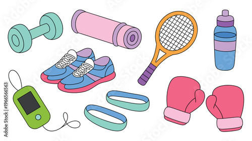 Colorful illustration of various fitness equipment and accessories for exercise and sports, including dumbbells, weights, mats, and training tools for gym, workout, and health design projects.