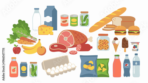 Assortment of diverse grocery food items and beverages on white background