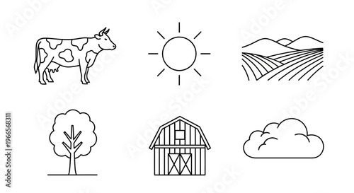 A cow stands near a barn under sunny skies with fields and a tree