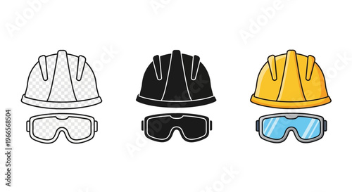 Three safety helmets with goggles are placed side by side on a surface.