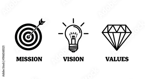 Business strategy concepts include mission vision and values icons