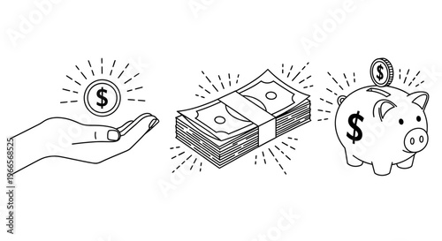 A hand deposits a coin into a piggy bank alongside stacks of money.