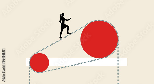 Person interacting with large and small red spheres on inclined plane