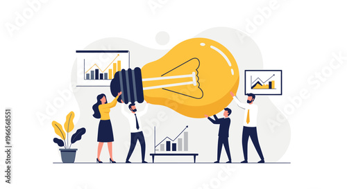 Team holding a giant light bulb symbolizing innovation and ideas.