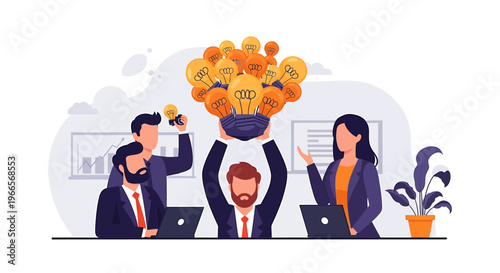 Team celebrates successful innovative idea in office meeting.