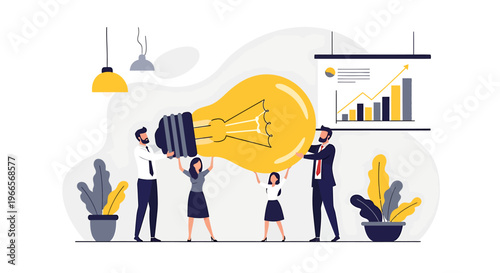 Team holding giant light bulb symbolizing innovation and new ideas.