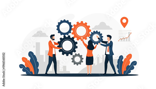 Teamwork and collaboration concept with people assembling gears.