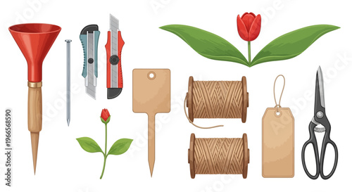 Gardener's tools and supplies arranged on a table for planting a tulip flower