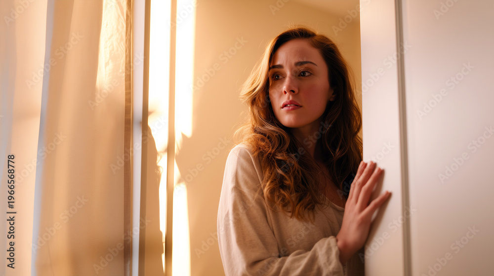 Fototapeta premium Anxious young woman with red hair leaning against doorframe, looking away with fearful worried expression. Warm golden light, hesitation, anxiety, depression, fear of unknown emotional concept.