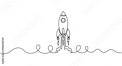 A rocket ship launches into space with dynamic lines and waves below