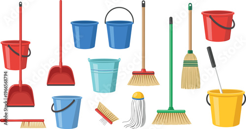 Professional Cleaning Equipment Vector Set with Plastic Buckets Brooms Mops and Dustpans for Janitorial Services Housekeeping Business and Home Maintenance Manuals