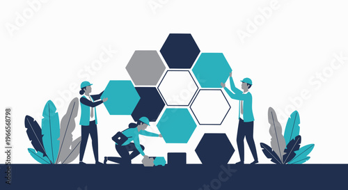 Teamwork building a honeycomb structure with geometric shapes.