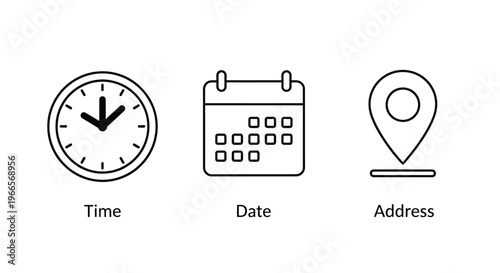 A simple illustration shows a clock, calendar, and map pin icons side by side.