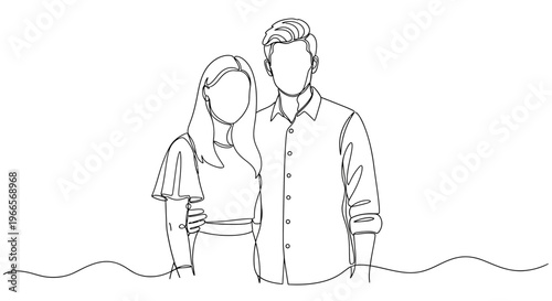 A minimalist line drawing depicts a man and woman standing together outdoors.