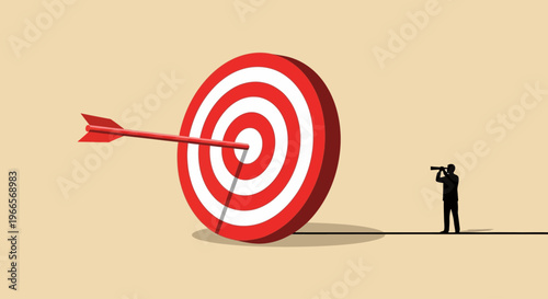 A man aims at a large red and white target with an arrow hitting the bullseye in a beige environment.