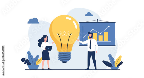 Two business people collaborate on a bright idea with a large light bulb.