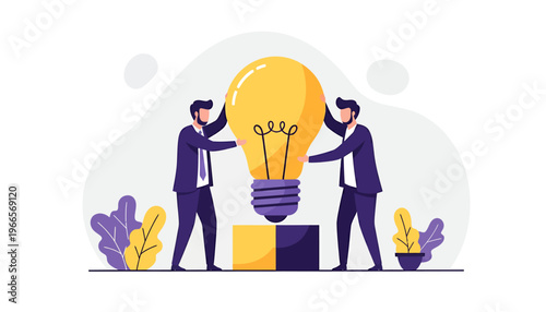 Two business people holding a giant glowing light bulb representing an idea.