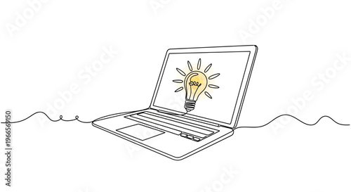 A laptop with a lightbulb on its screen emerges from a wavy line.