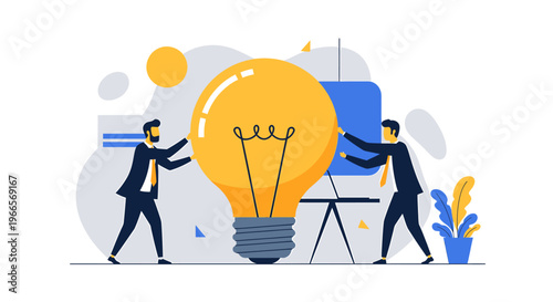 Two businessmen collaborate on a giant light bulb idea.