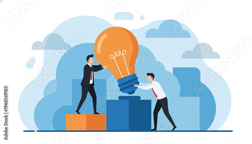Two businessmen collaborate to lift a giant light bulb representing a new idea.