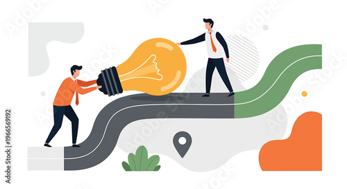 Two businessmen collaborate to move a giant light bulb representing a new idea.