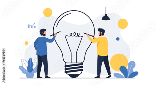 Two men collaborate on a giant light bulb illustration symbolizing innovation and ideas.