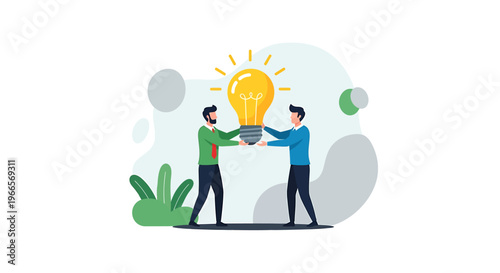 Two men holding a glowing light bulb symbolizing teamwork and innovation.