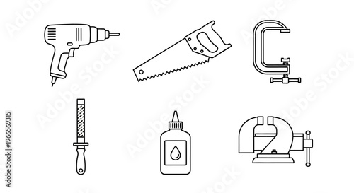 Six tools including a drill, jigsaw, and pipe are arranged on a surface.