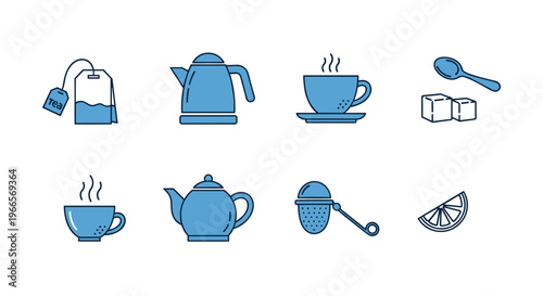 Collection of blue line art icons for tea time and beverage preparation