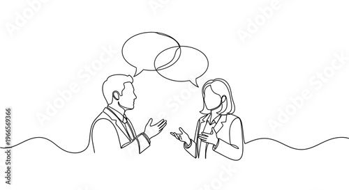 Two people talking and gesturing in a simple line drawing illustration