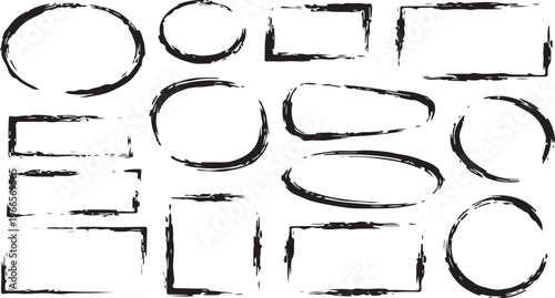 Collection of various black ink strokes, scribbles, and hand drawn shapes and numbers on a white background