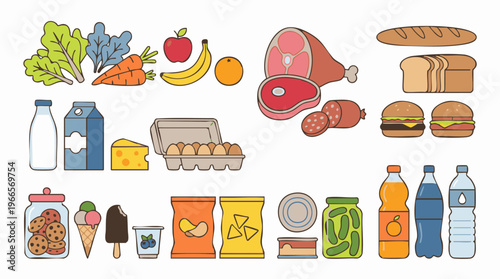 Grocery store haul of fresh produce, meat, dairy, baked goods, snacks, and drinks