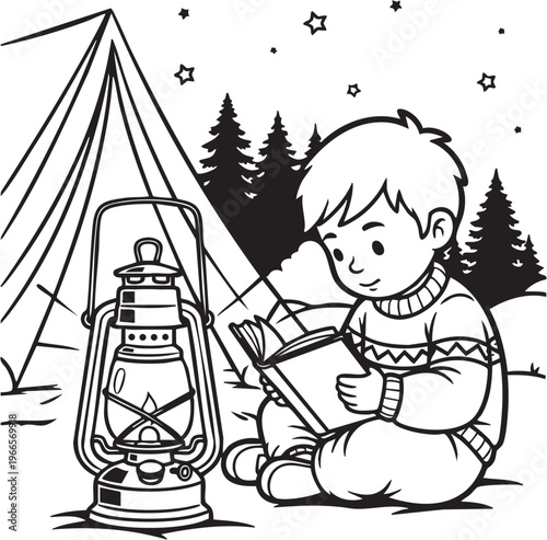 Boy Reading Book by Lantern and Tent Under Starry Night Sky in Forest