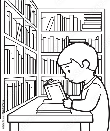 Boy intently reading a book at a table in a library filled with bookshelves Keywords: boy, child