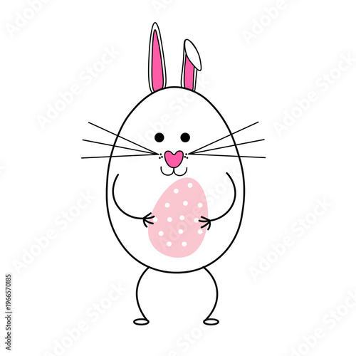 An egg in rabbit costume holds painted Easter egg. Spring season. Cartoon vector design. Isolated on white background.
