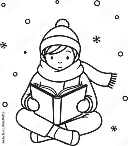 Child wearing winter hat and scarf reading a book surrounded by snowflakes person