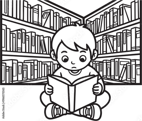 Curious boy sitting on the floor reading a book surrounded by tall bookshelves in a library