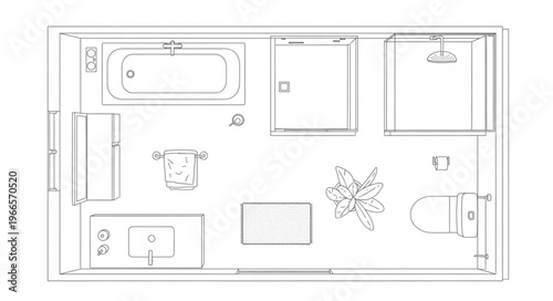 Detailed floor plan of a bathroom with fixtures and furniture.