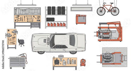 Garage Workshop Scene with Car, Tools, and Equipment Illustration.