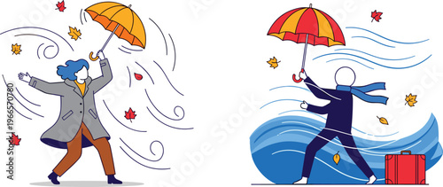 Vector Illustration of People Struggling in Strong Wind and Autumn Storm Holding Umbrellas with Flying Leaves and Seasonal Weather Forecast Concept Designs