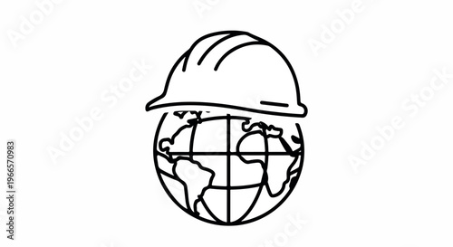 Line drawing of a hard hat on a globe with a simple white background.