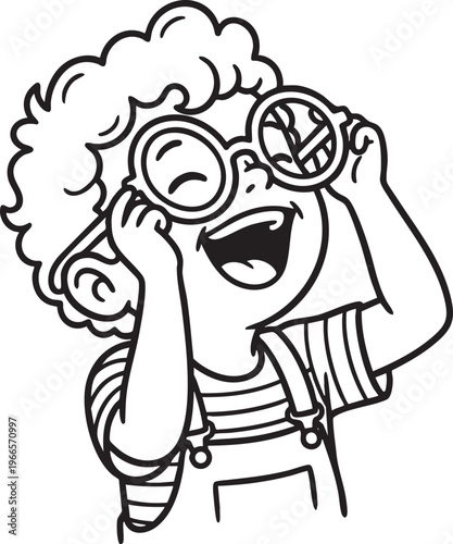 Excited cartoon child with curly hair wearing oversized glasses and overalls laughing
