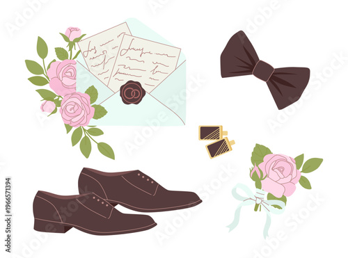 Vector illustration of groom accessories set with brown leather shoes, a dark bow tie, boutonniere, and cufflinks. High resolution male wedding elements. Vector art.