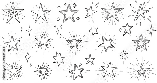 Star Vector Illustration:, star silhouette vector illustration featuring a diverse collection of stars and star like shapes,showcases solid, outlined, and dotted stars