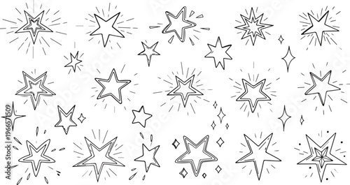 Star Vector Illustration:, star silhouette vector illustration featuring a diverse collection of stars and star like shapes,showcases solid, outlined, and dotted stars