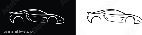 Sleek sports car outline on black background vector.