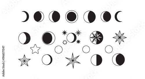 A collection of moon phases and stars in black and white
