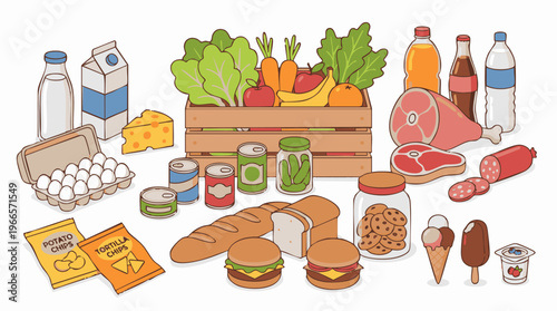 Collection of various groceries and food items in a vibrant cartoon style