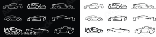 Modern sports car outline set isolated on black.
